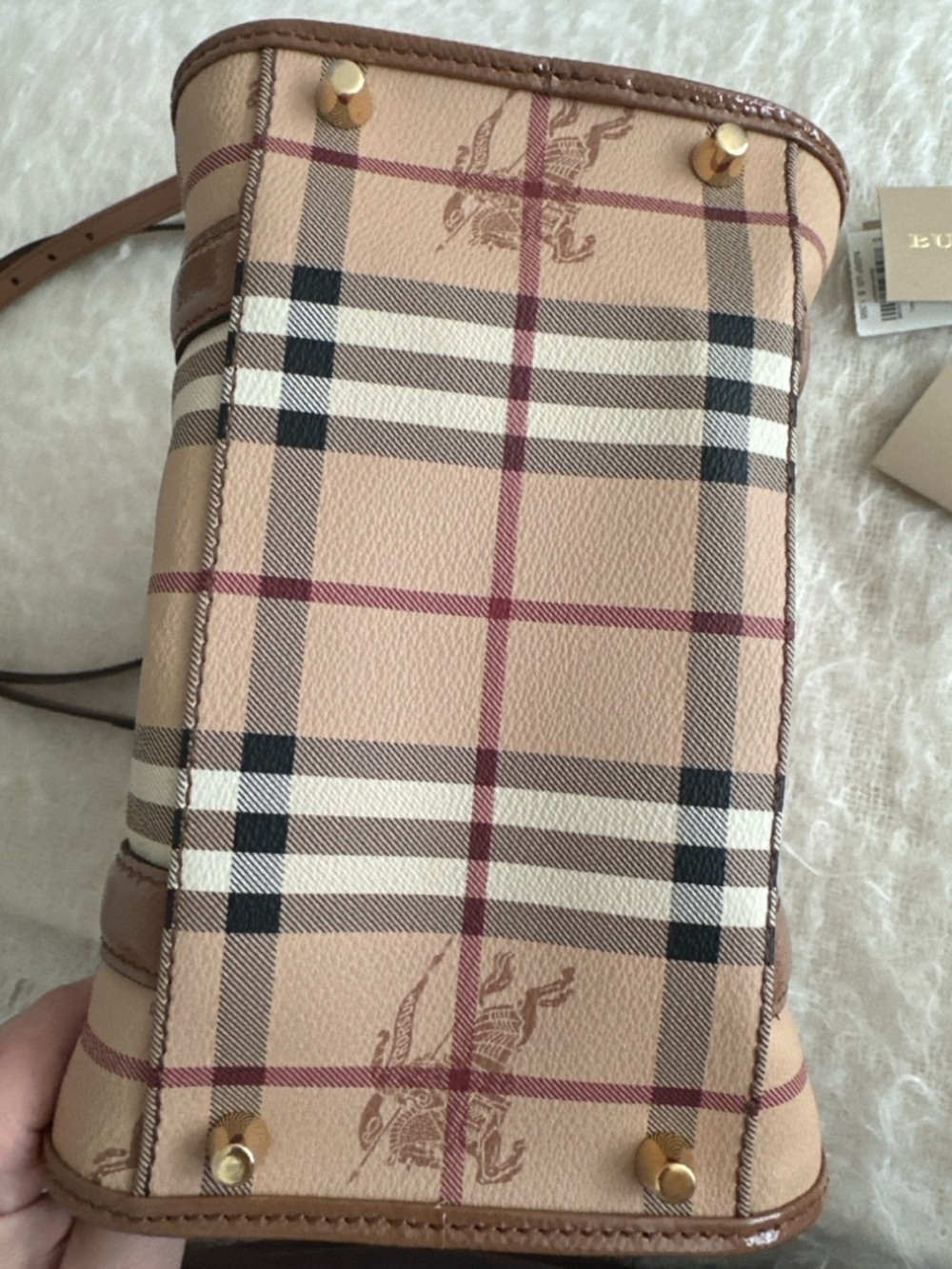 Burberry Haymarket Check Small Dinton Tote Bag Camel Leather Crossbody Vintage - Picture 2 of 7